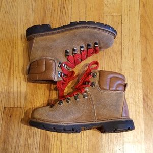 old school hiking boots with red laces